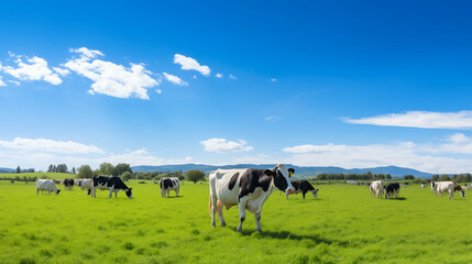 A herd of dairy cows grazing peacefully in a green pasture, copy space