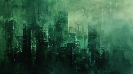 Abstract patterns of electrified thoughts swirl over an abandoned cityscape in dark green and light gray hues, creating a minimalist and spacious atmosphere. - obrazy, fototapety, plakaty