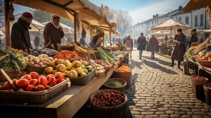 A vegetable market with farmers and shoppers, copy space, photo shot
