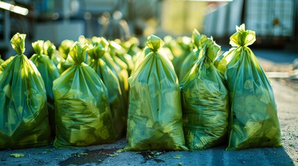 A collection of bright green biodegradable bags filled with food waste ready to be picked up by a waste management company. The waste will then be transported to a biofuel plant where .