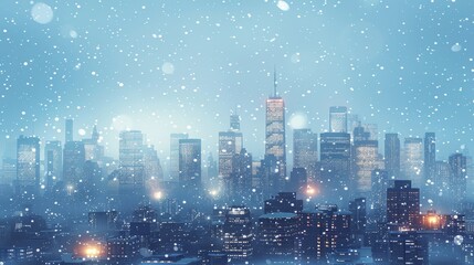 City Skyline: A 3D vector illustration of a city skyline during a snowfall