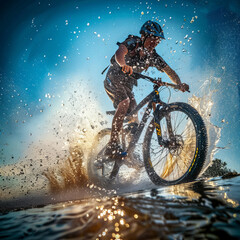 illustration image Male cyclist splashing water on mountain bike