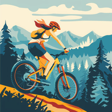 illustration image Mountain biker woman riding bicycle in summer mountain forest landscape.