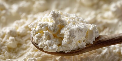 Ricotta cheese scoop, close view, fluffy texture, bright daylight, pure white detail 