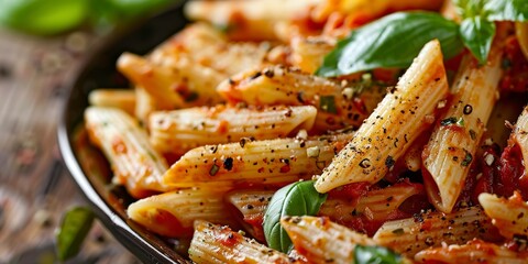 Penne arrabbiata, spicy tomato sauce, close view, fresh basil, bright light, vivid reds 