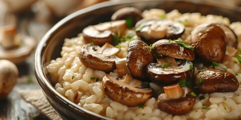 Obraz premium Risotto with porcini mushrooms, close-up, creamy texture, soft focus, warm ambient light 