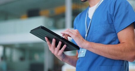 Hands, nurse and tablet for medical or clinic research with patient history, charts and hospital...