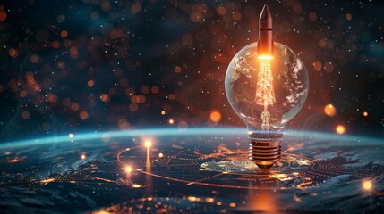 Education and Knowledge: A 3D vector illustration of a globe surrounded by a light bulb and a rocket
