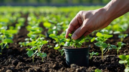 A hand planting a small seedling in a pot filled with rich soil. In the background a larger field can be seen where rows of similar seedlings are being grown for the production of . - obrazy, fototapety, plakaty