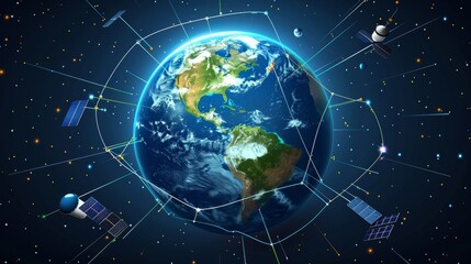 Naklejka premium Global Communication: A 3D vector illustration of a globe with communication satellites orbiting around it