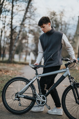 A young male teenager stands with his bicycle in a park, experiencing the joy of a leisurely ride outdoors.