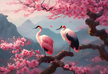 Two pink flamingos standing gracefully on tree, surrounded by the vibrant colors of nature