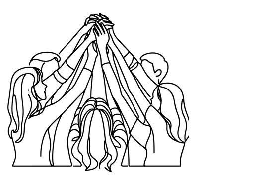recommend clip art: continuous one single black line drawing teamwork group of friends put their hands together vector illustration isolated on white background