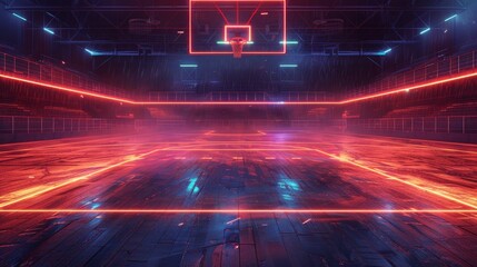 Glowing Neon Basketball: A 3D vector illustration of a basketball court with glowing