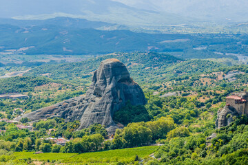 Breathtaking landscape with unique rock formations and greenery in Meteora Greece