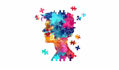 A profile of the human head made up of colorful puzzle pieces, representing different mental health interconnected in an intricate pattern