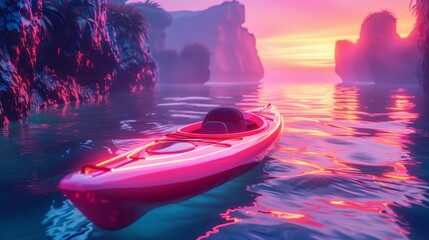 Glowing Neon Kayaking: A 3D vector illustration of a kayak floating on a glowing neon river - obrazy, fototapety, plakaty