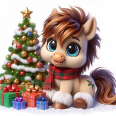 Obraz na płótnie Canvas a cute colt with Christmas tree and gifts , funny, happy, smile, white background