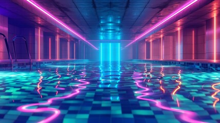 Glowing Neon Swimming: A 3D vector illustration of a neon swimming pool at night - obrazy, fototapety, plakaty