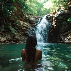 Fototapeta premium a girl swims at a waterfall in sunny weather