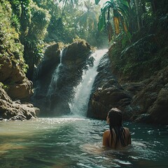 Fototapeta na wymiar a girl swims at a waterfall in sunny weather