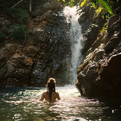 Fototapeta na wymiar a girl swims at a waterfall in sunny weather