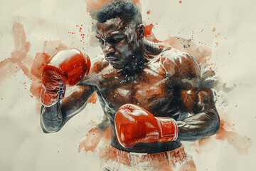 Red watercolor painting of Male boxer athlete, Sport, competition - obrazy, fototapety, plakaty