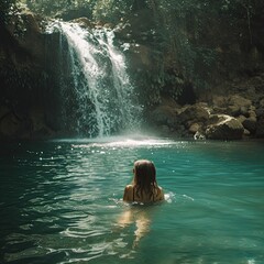 a girl swims at a waterfall in sunny weather