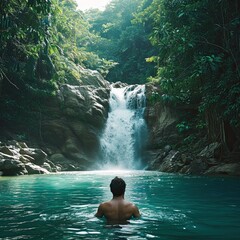 a man swims at a tropical waterfall in sunny weather