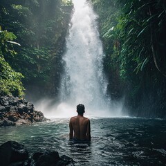 a man swims at a tropical waterfall in sunny weather