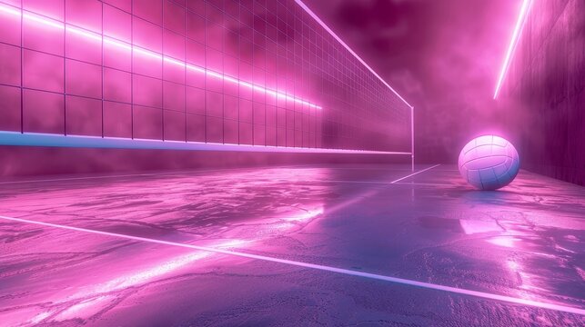 Glowing Neon Volleyball: A 3D vector illustration of a volleyball court
