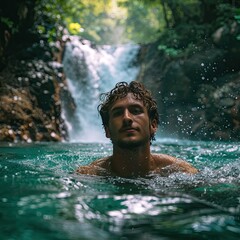 a man swims at a tropical waterfall in sunny weather