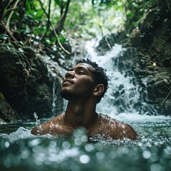 a man swims at a tropical waterfall in sunny weather