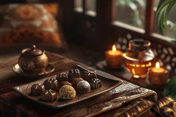 Foto op Plexiglas A tray of chocolates sits on a wooden table with a lit candle and a sugar bowl. The chocolates are various shapes and sizes, some wrapped in colorful foil and others plain.  © KissZ