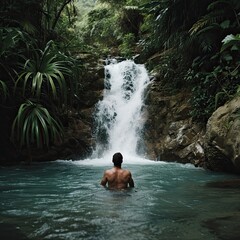 a man swims at a tropical waterfall in sunny weather