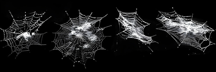 black and white smoke,
 Collection of isolated cobwebs on a black background