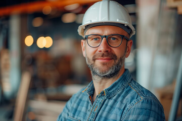 Man wearing hard hat and glasses at construction site - obrazy, fototapety, plakaty