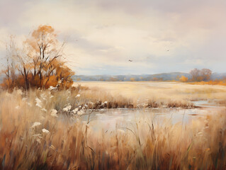 Meadow Landscape Oil Painting Vintage Art Print