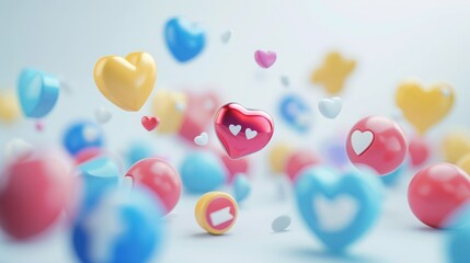 Abstract social media and technology with love, like, comment icon on white background, online social communication applications concept, 3d render. hyper realistic  - obrazy, fototapety, plakaty