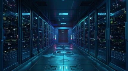 Telecommunications: A 3D vector illustration of a data center with rows of servers