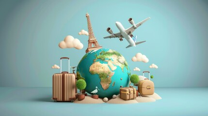Travel and Tourism: A 3D vector illustration of a globe with travel-related elements like airplanes