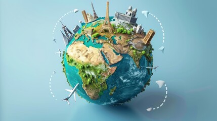 Travel and Tourism: A 3D vector illustration of a globe with travel routes marked by dotted lines