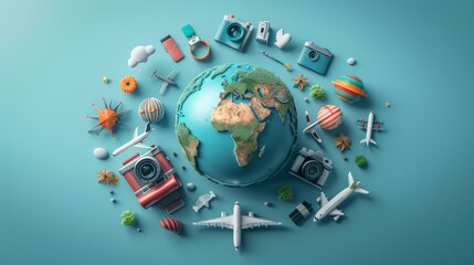 Travel and Tourism: A 3D vector illustration of a globe with travel-related icons like airplanes