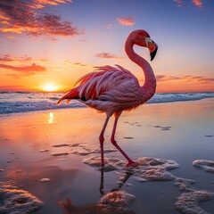 Flamingos at a beautiful sunset by the sea