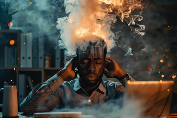 Burnout, migraine, headache creative concept. A suffering African American man sits in front of a laptop in the office, holding his smoking and burning head - obrazy, fototapety, plakaty
