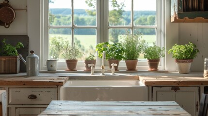 In the kitchen a farmhouse sink sits below a charming window with views of the rolling hills while aged distressed cabinets and a wooden dining table contribute to the rustic charm . - obrazy, fototapety, plakaty