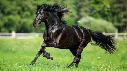 A horse running sideways on the grass