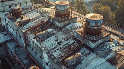 The roof of an industrial giant, equipped with complex ventilation systems to maintain airflow - obrazy, fototapety, plakaty