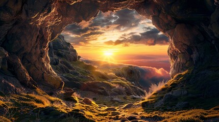 The entrance of a cave catching the day's last sunlight, a portal to mysteries and unseen property - obrazy, fototapety, plakaty