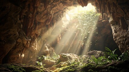 Sunlight filters through the entrance of a secluded cave, hinting at hidden properties within - obrazy, fototapety, plakaty